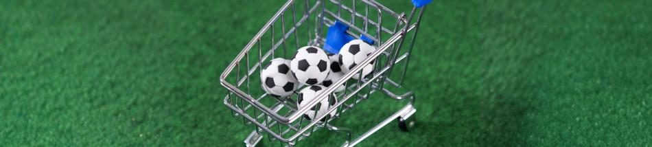 Carrinho de compras com bolas de futebol sobre gramado verde, ilustrando estratégias de vendas para a Copa do Mundo no e-commerce.
